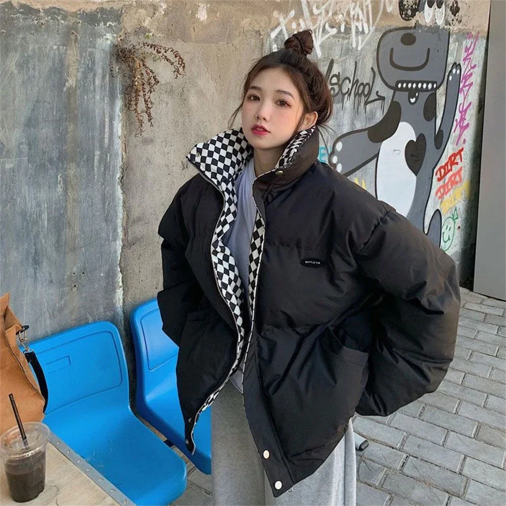 

Women Winter Checkerboard Cotton Coat Vintage Fashion Thickened Loose Cotton Padded Jacket Warm Outwear