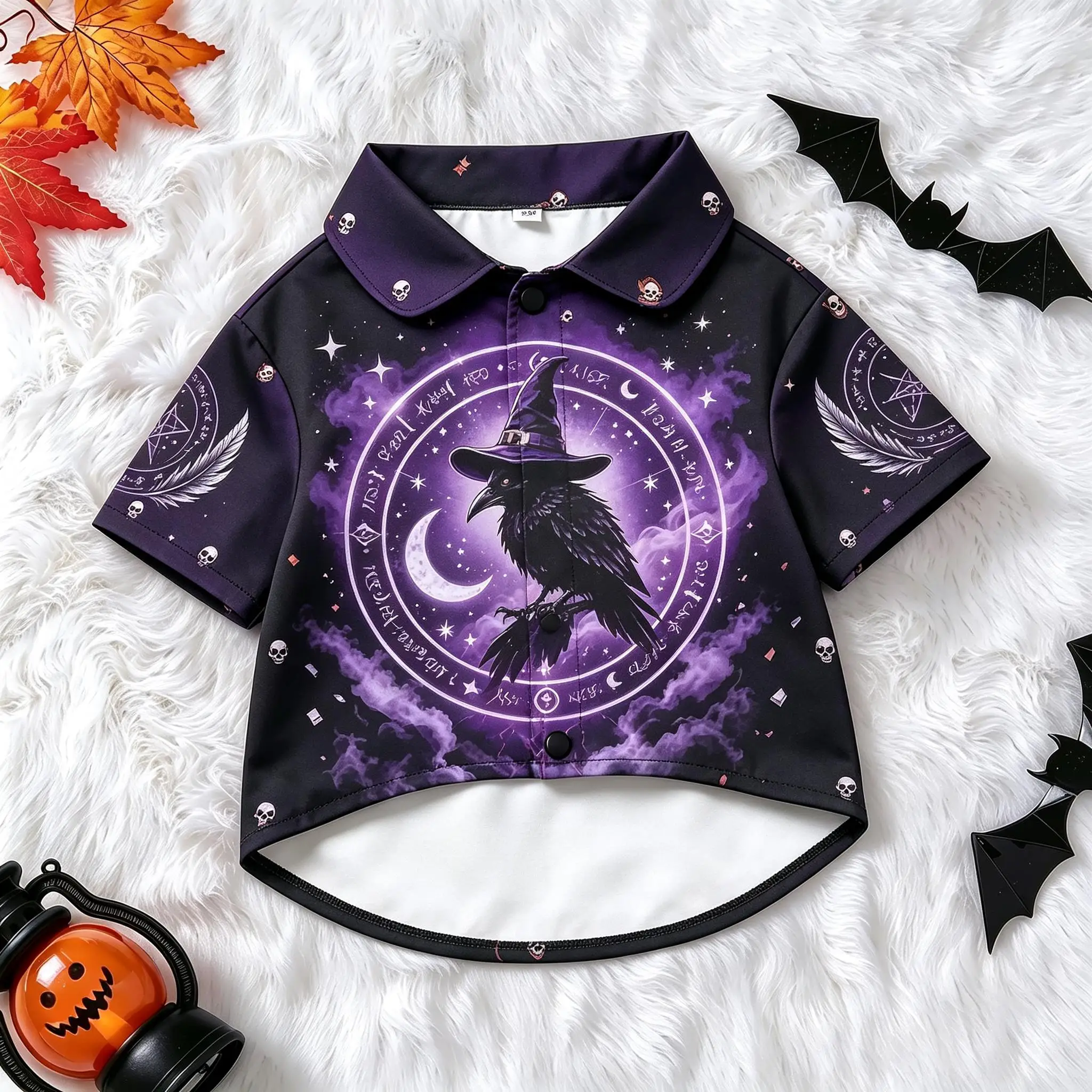 Pet Dog Shirt Purple Magic Circle Raven Witch Hat Print Stylish Button Up for Small Medium Dogs Mystic Witchy Theme Party Wear