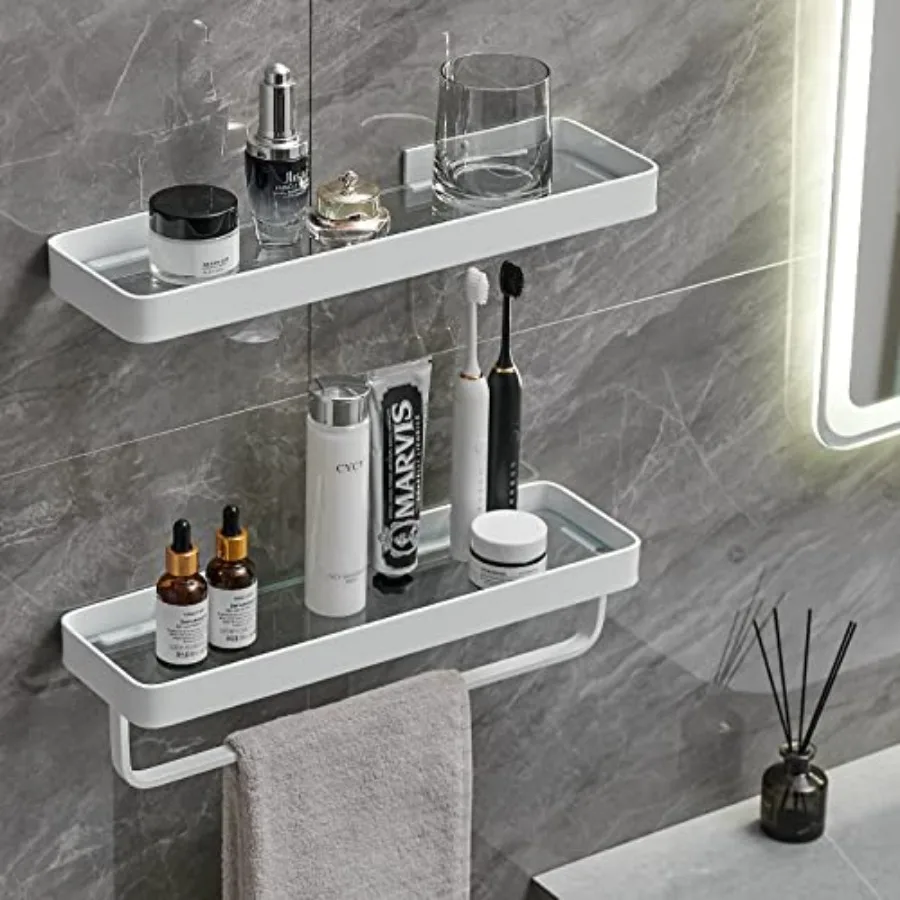 

Bathroom Shelves Wall Mounted 2 Tier Glass Floating Shelf - Tempered Glass Wall Organizer White