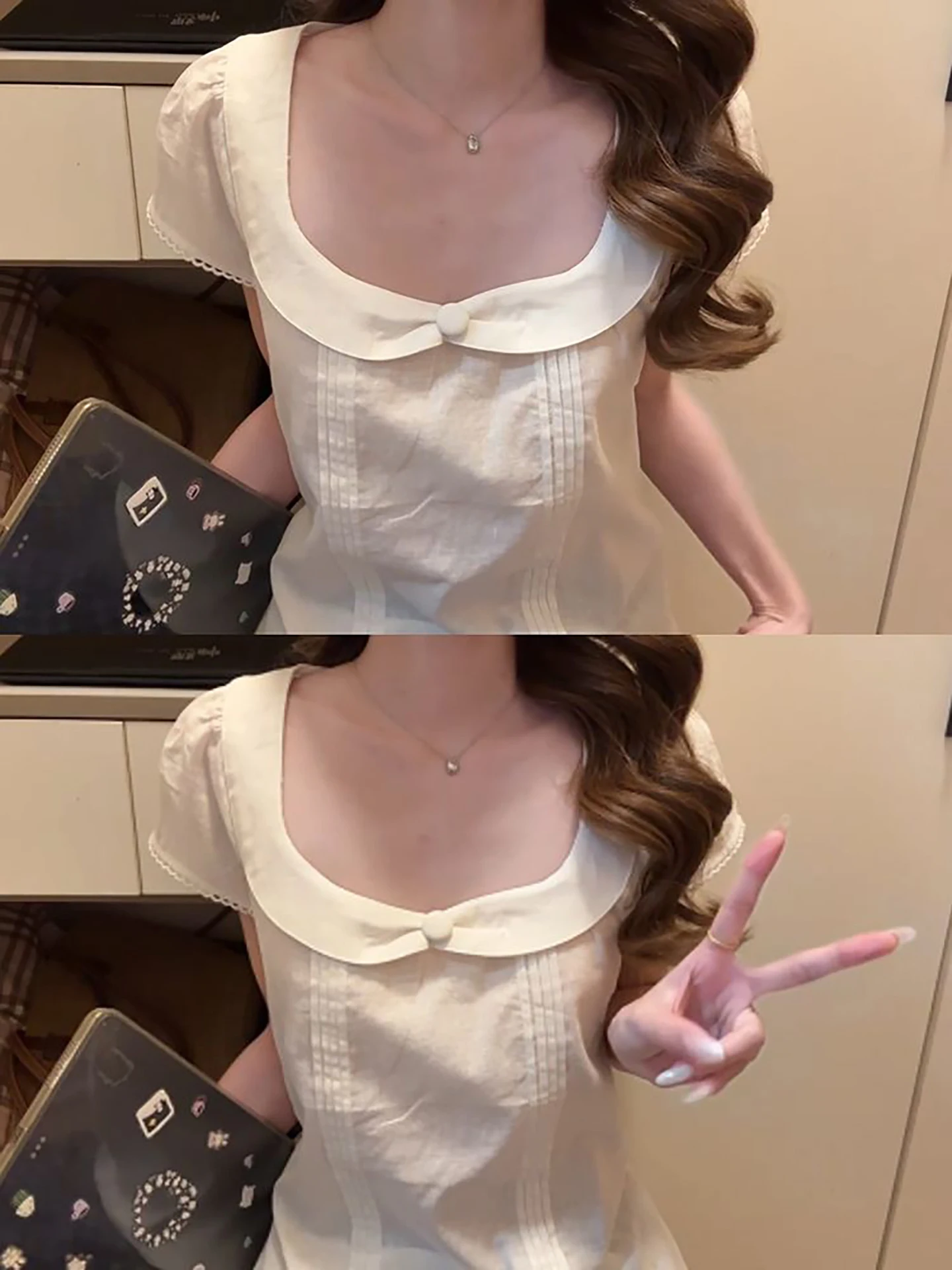 

Cute Doll Collar Short Sleeve T-Shirt Women's Summer White Pleated Design Versatile Slimming Top French Style Slim Fit Blouse