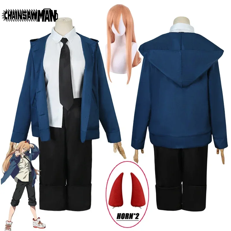 Power Cosplay Anime Kettingzaag Man Power Cosplay Kostuum Uniform Blauw Jasje Broek Hoorn Pruik Halloween Kostuums Voor Vrouwen