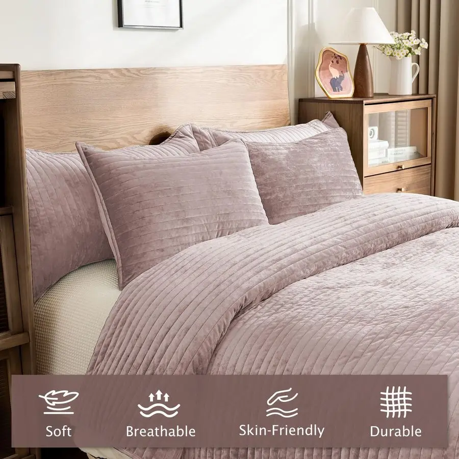 Juego de edredón de terciopelo de lujo tamaño Queen, 3 piezas, suave y acogedor juego de edredón de terciopelo a rayas de gran tamaño con 2 fundas de almohada, funda ligera