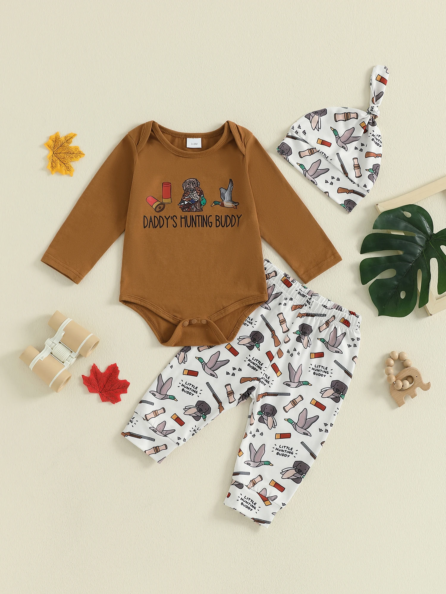 

Adorable Infant Boy Autumn Attire Set with Cute Animal Print Cozy Long Sleeve Bodysuit Elastic Waist Pants and Matching Hat