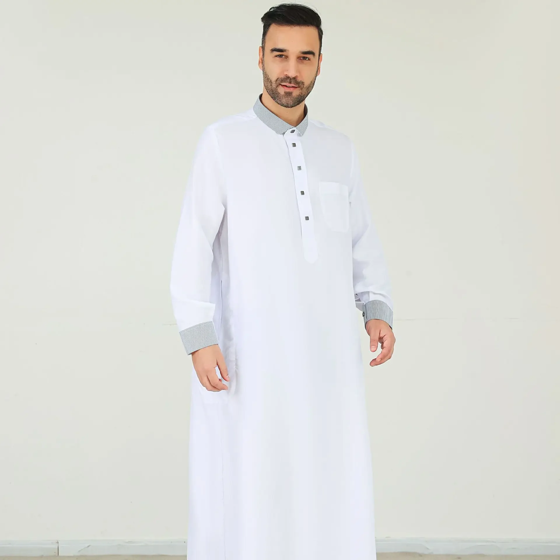 

Eid White Men's Jubba Thobe Muslim Arab Robe Long Sleeve Stand Collar Ramadan Islam Clothing Dubai Abaya Kaftan Daffah Dishdasha