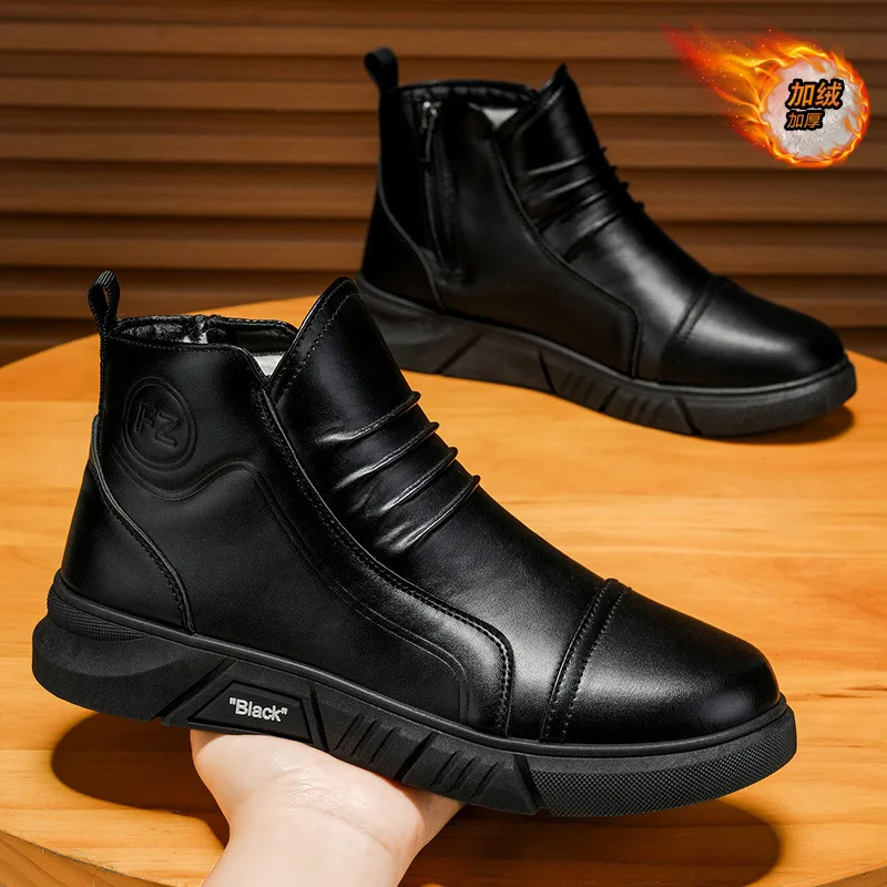 أحذية شتوية مخملية أحذية رجالية جديدة عالية الجودة أحذية جلدية للرجال أحذية جلدية سوداء سميكة دافئة أحذية قصيرة أحذية قطنية