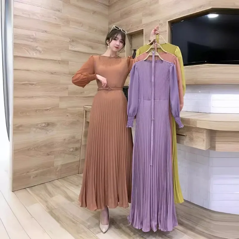 Elegant French Style Dress Belt Long Sleeve Ankle-Length Pleated Skirt O-Neck Solid Colors Slim Waist Dress Party Evening Dress