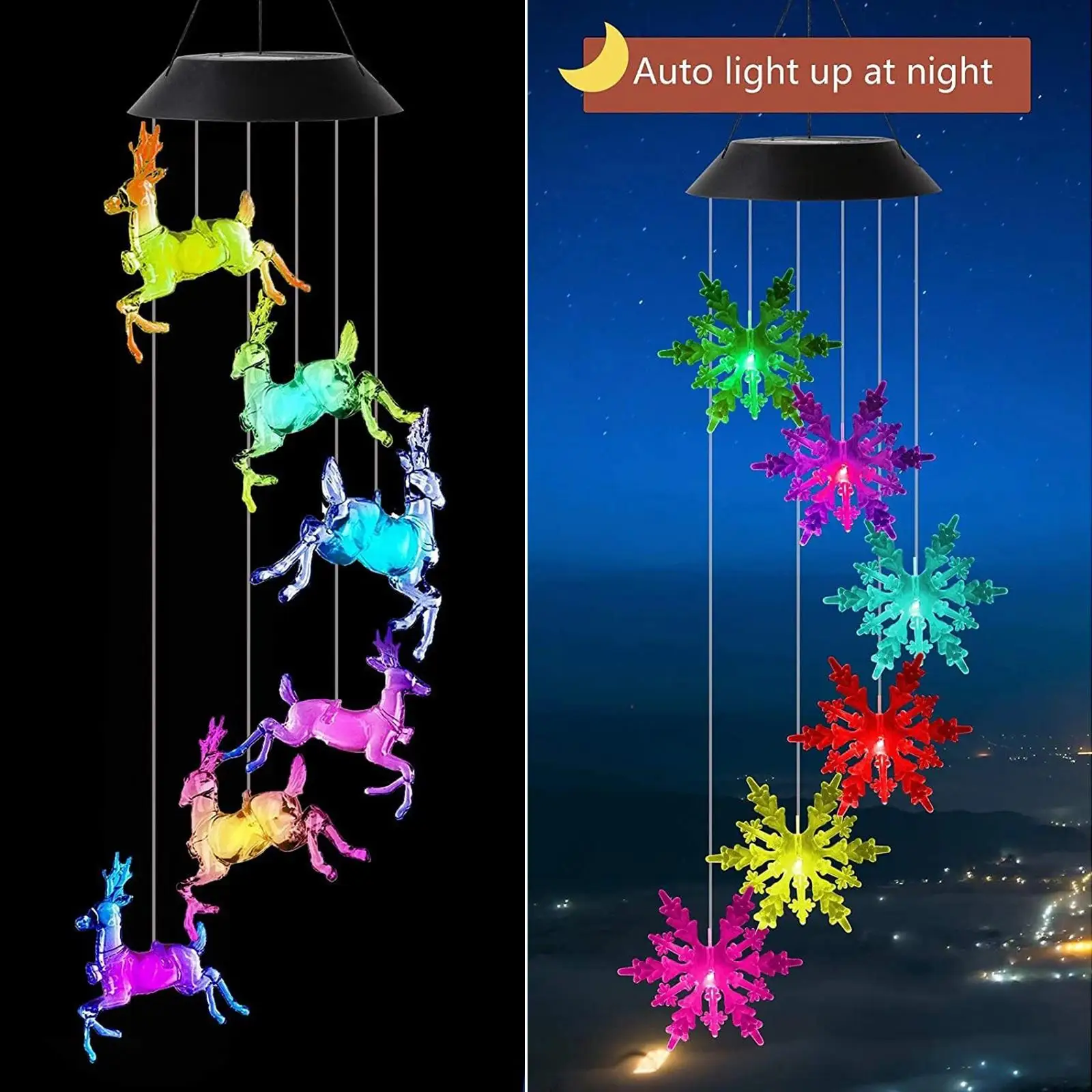 Solar Wind Chime Light Colorful LED Lamp Waterproof Plastic Outdoor Hanging Decor for Garden Patio Yard Christmas Snowflake