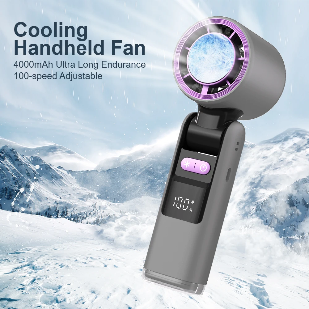 Kleine Taschenventilatoren, Eiskühlung, Handventilator mit Eiskühler, Digitalanzeige, 13.000 U/min Geschwindigkeit (100), wiederaufladbarer tragbarer 3-in-1-Ventilator
