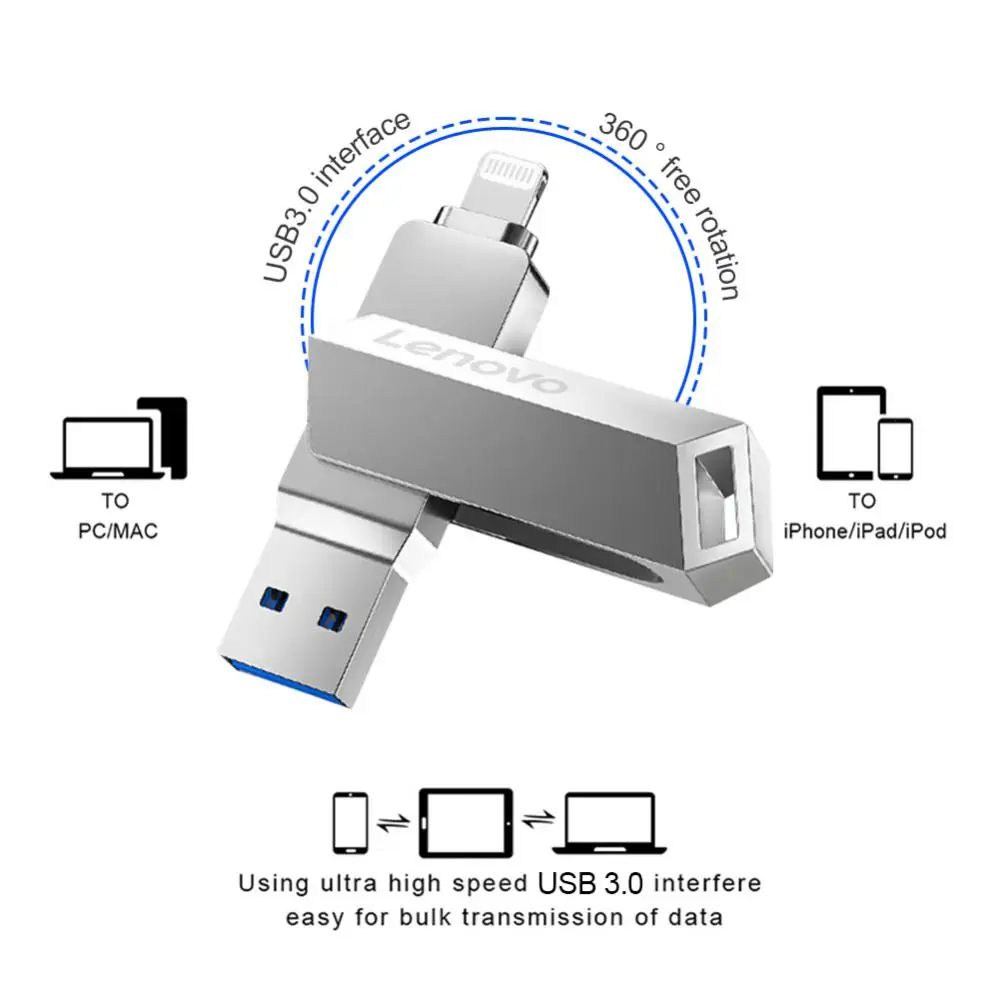 Lenovo Pen Drive 2TB 1TB USB Flash Drive For Iphone OTG Lightning USB 3.0 Metal 2-in-1 Pendrive High Speed Memory Stick 128GB