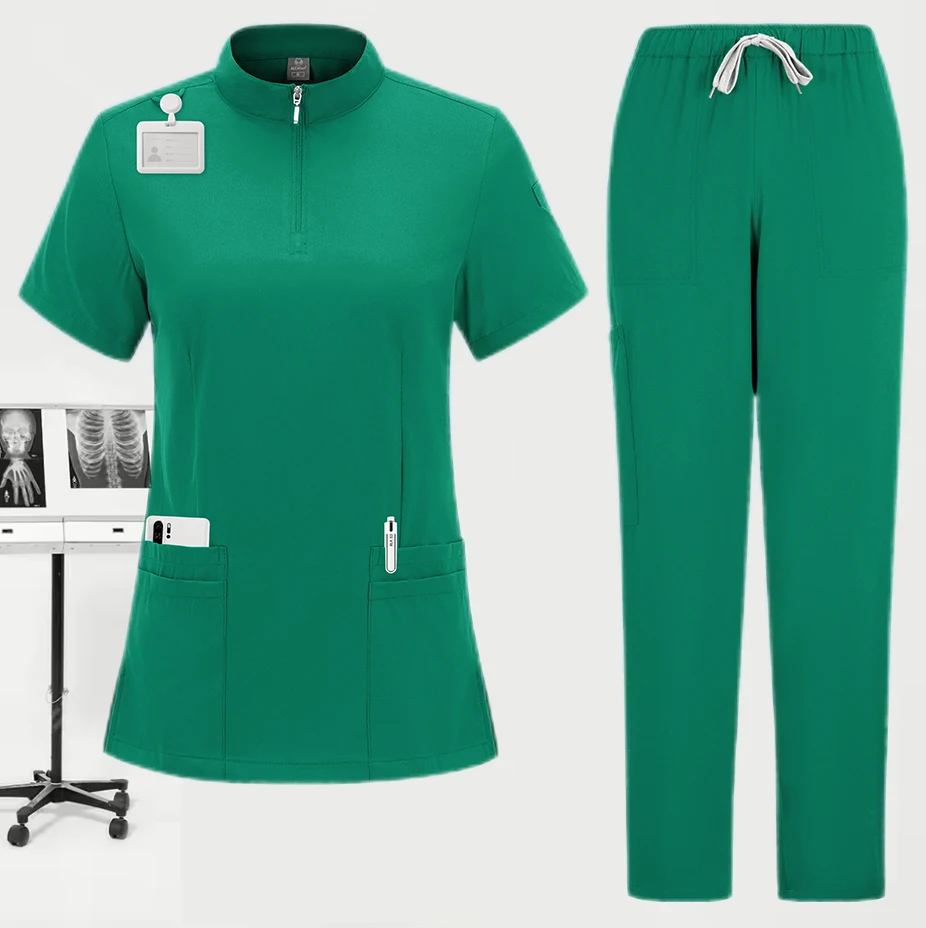 Nouveaux uniformes chirurgicaux médicaux femme gommage ensemble Salon de beauté vêtements de travail gommages cliniques haut poche pantalon vétérinaire médecin Zip combinaison d'allaitement