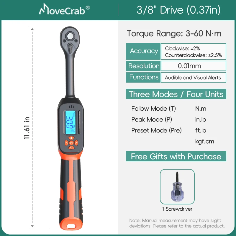 MOVECRAB Digitale Momentsleutel 1-340N.m 2% Nauwkeurigheid Preset & LED/Zoemer Waarschuwingen voor Fiets Motorfietsen Automotive Mechanisch Gereedschap