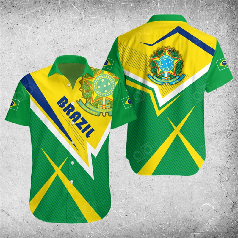 Braziliaanse Vlag 3d Bedrukte Shirts Voor Mannen Kleding Casual Braziliaanse Nationale Embleem Grafische Korte Mouw Hawaii Sport Revers Blouse