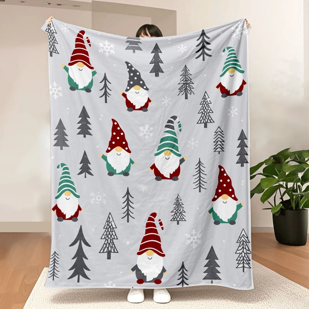 1PC Christmas Dwarf and Pine Print Blanket-Made of soft, fluffy flannel, perfect for a sofa, bed or lounge chair. Ideal for Chri