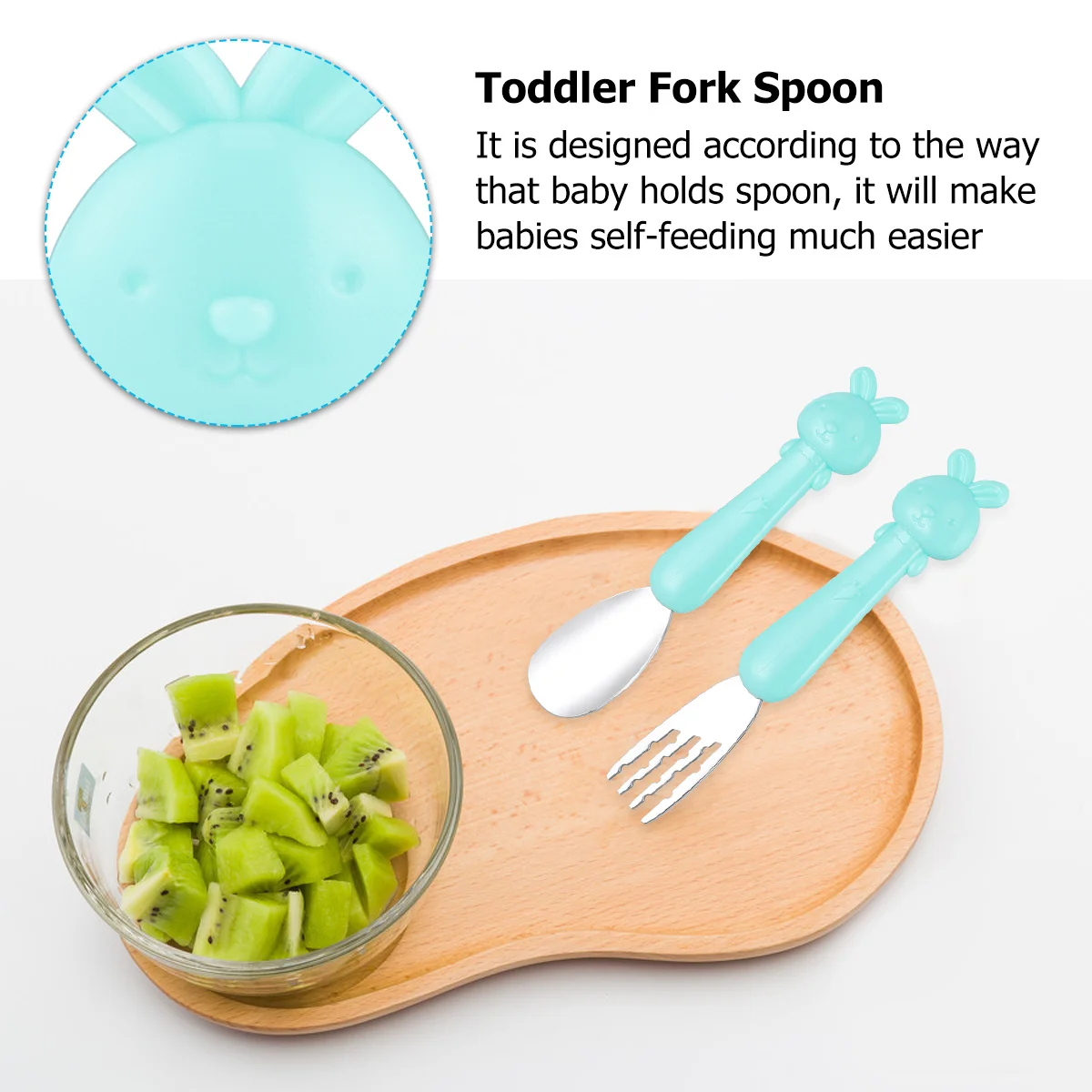 

1 комплект, вилка-ложка для малышей, посуда для дополнительной еды, синяя короткая ручка, нескользящий набор для кормления с гладкими краями, вилка-ложка для малышей