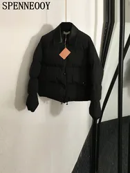 Chaqueta de plumón negra para mujer, abrigo holgado de manga larga con cuello vuelto, Color liso, moda de pasarela, Invierno