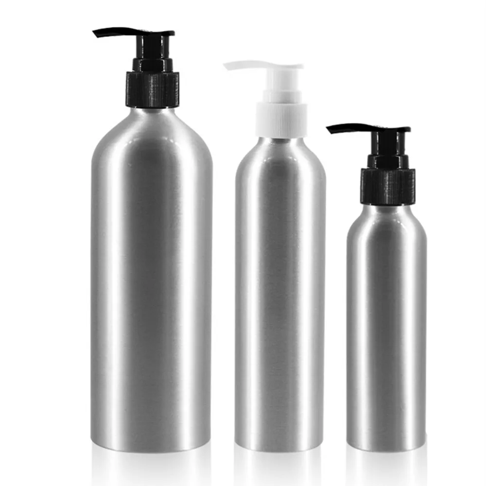 

1oz 2oz 8oz 30/50/60/100ml/150/200nl/250ml Empty Round Aluminum , Sliver Metal Bottle With Black/White Twist Lotion Pump