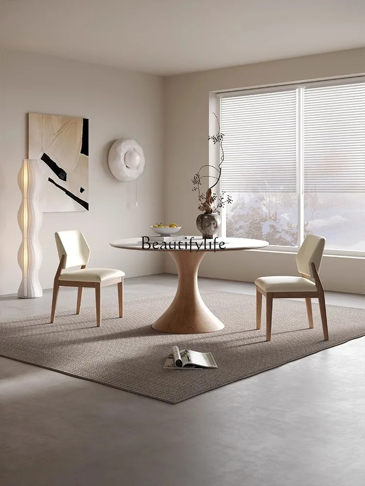 Wood Cream Style Solid Wood Stone Plate round Dining Table Nordic Modern Simple Small Apartment