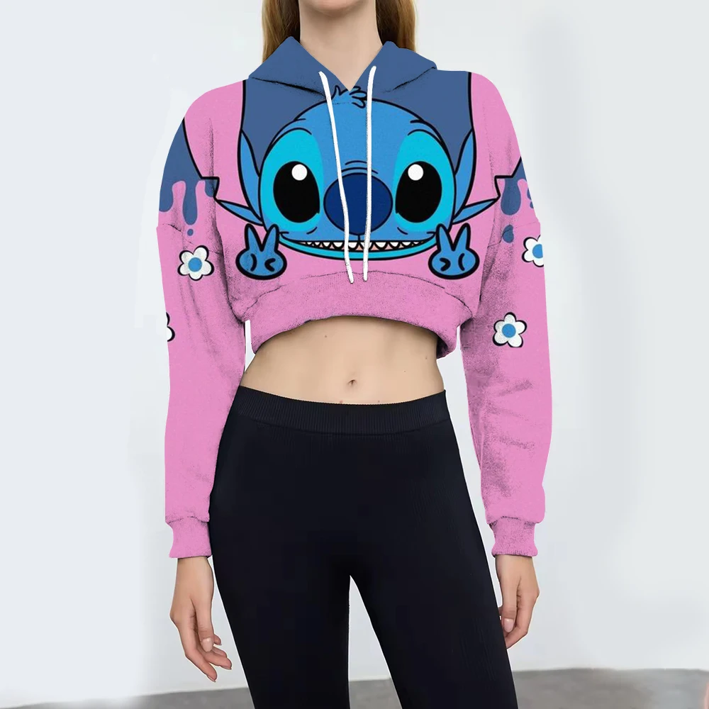 

New Cartoon Disney Cute Lilo & Stitch Ladies Cropped Sweatshirt Crew Neck Loose Pullover Autumn Fun Print Long Sleeve Top ﻿