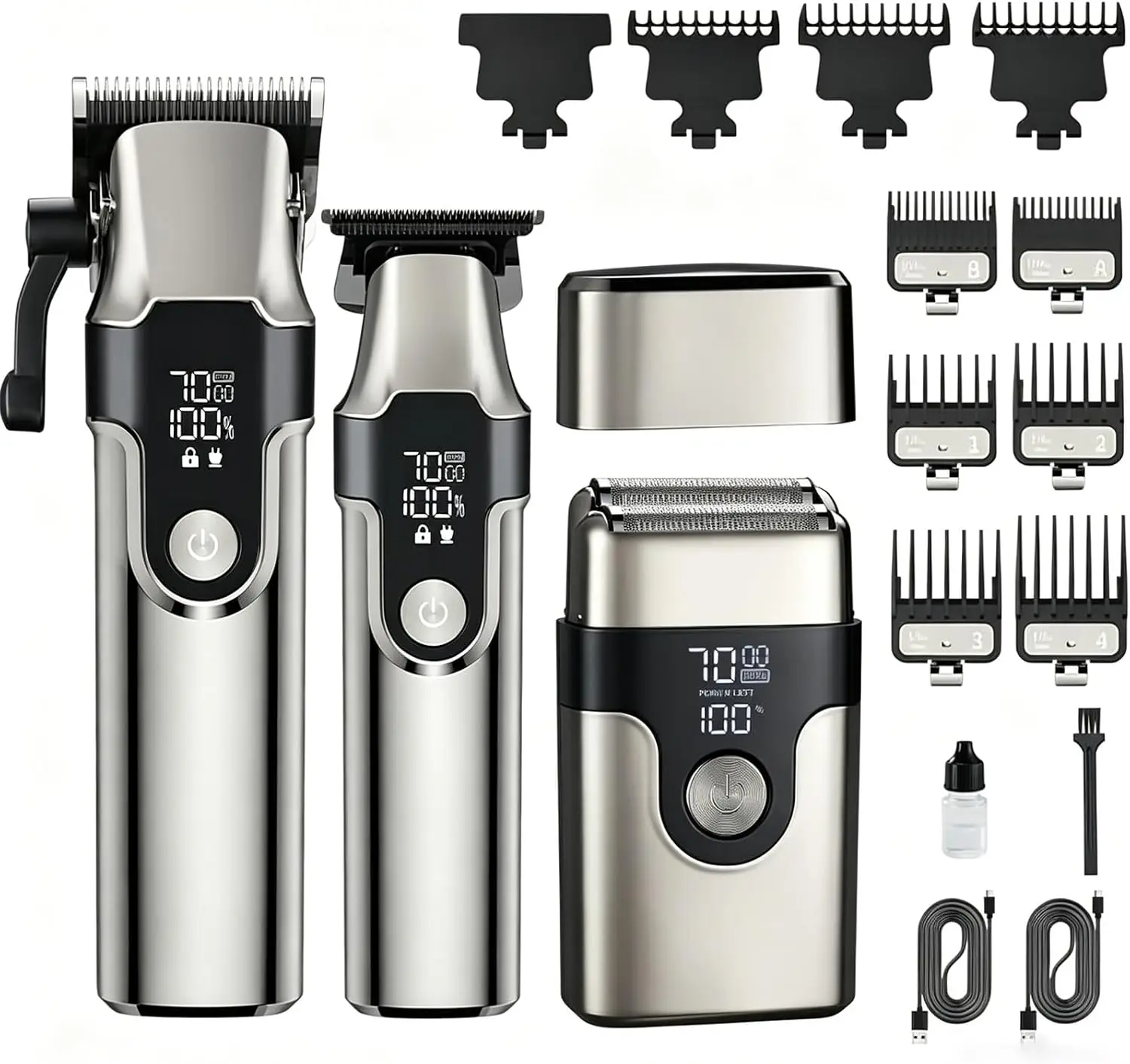 CBQ 3-in-1 Cordless Hair Clipper for Men, Professional Trimmer Set with LED Screen, 2 Speeds, Beard Trimmer and Shaver, 10 Guide Combs, Cordless Electric Grooming Set