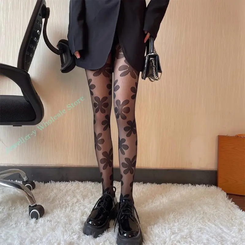 R7Uf Kobiety ciemne goty punkowe czarne rajstopy harajuku duże kwiaty wzorzyste wzorzyste rajstopy jacquard seksowne