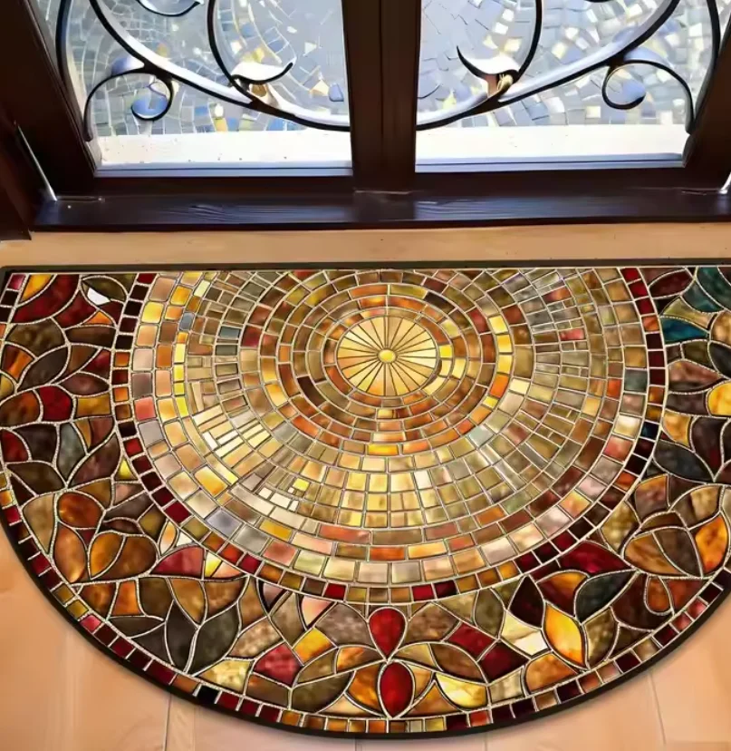 Warm Sunburst Mosaic Half Round Mat Washable Rug Carpet for Entryway Mediterranean Rustic Home Decor Living Room Bedroom Kitchen