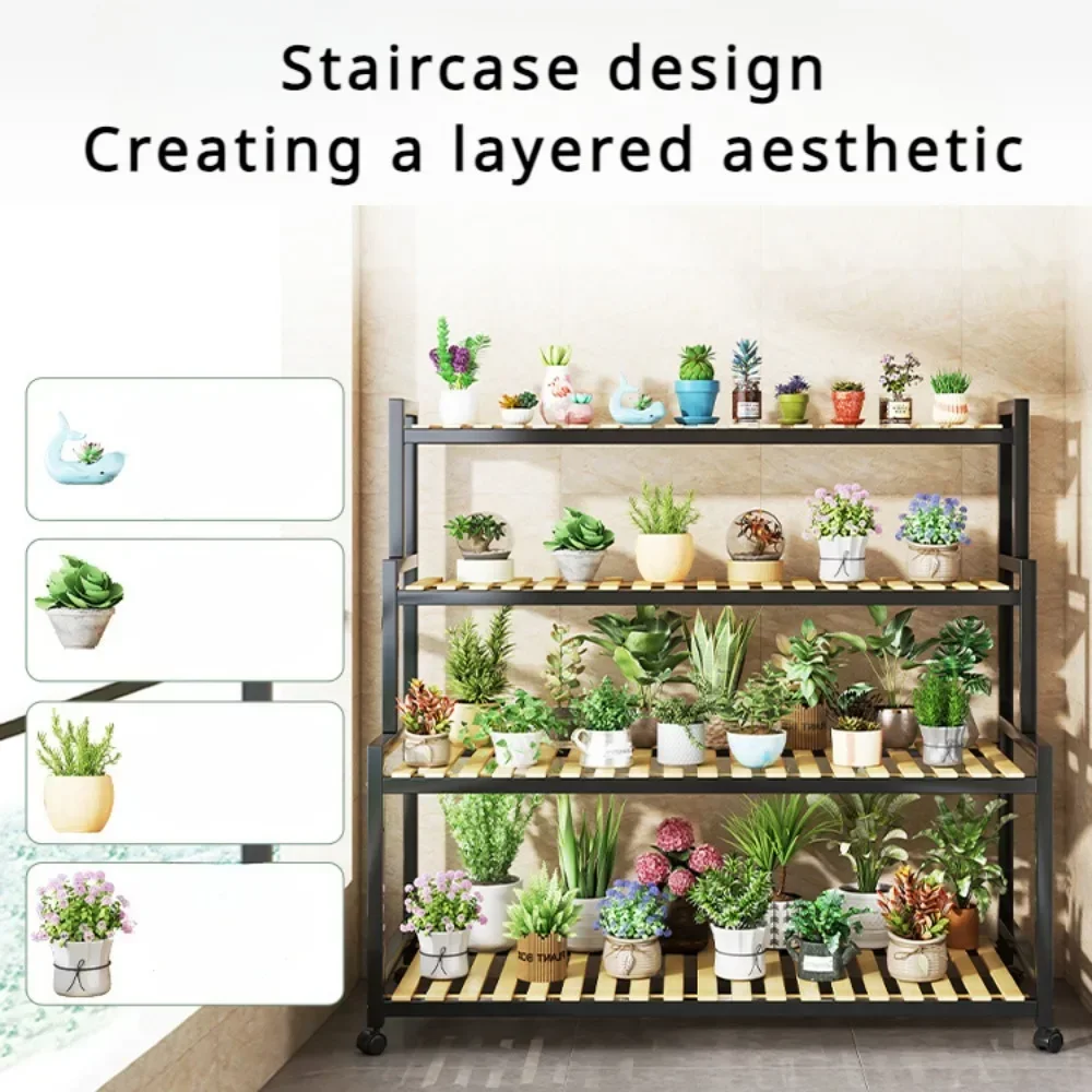 Plant Flower Rack With Wheels Mobile Floor Standing Storage Planter Shelf Floor Indoor Outdoor Detachable Adjustable Flower Rack