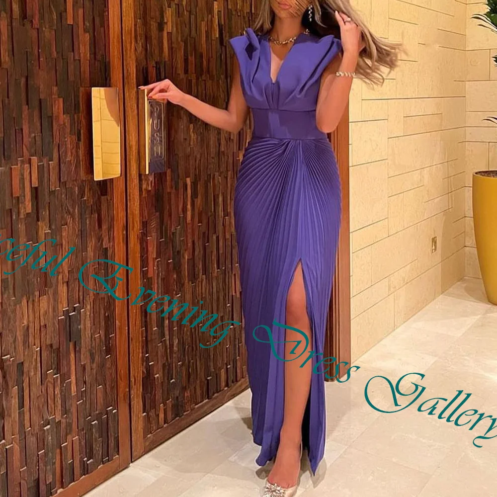 Customized Classic Draped V-Neck Floor Length Side Slit Vestidos De Fiesta Straight Chiffon Sleeveless Vestidos Para Mujer