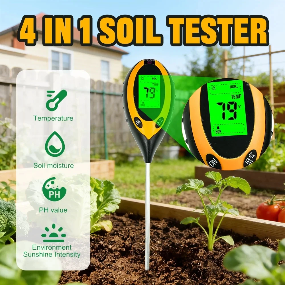 4 in 1 Soil Tester PH Moisture Temperature Sunlight Meter With Digital Display Backlight For Garden Plant Hydroponics Tool