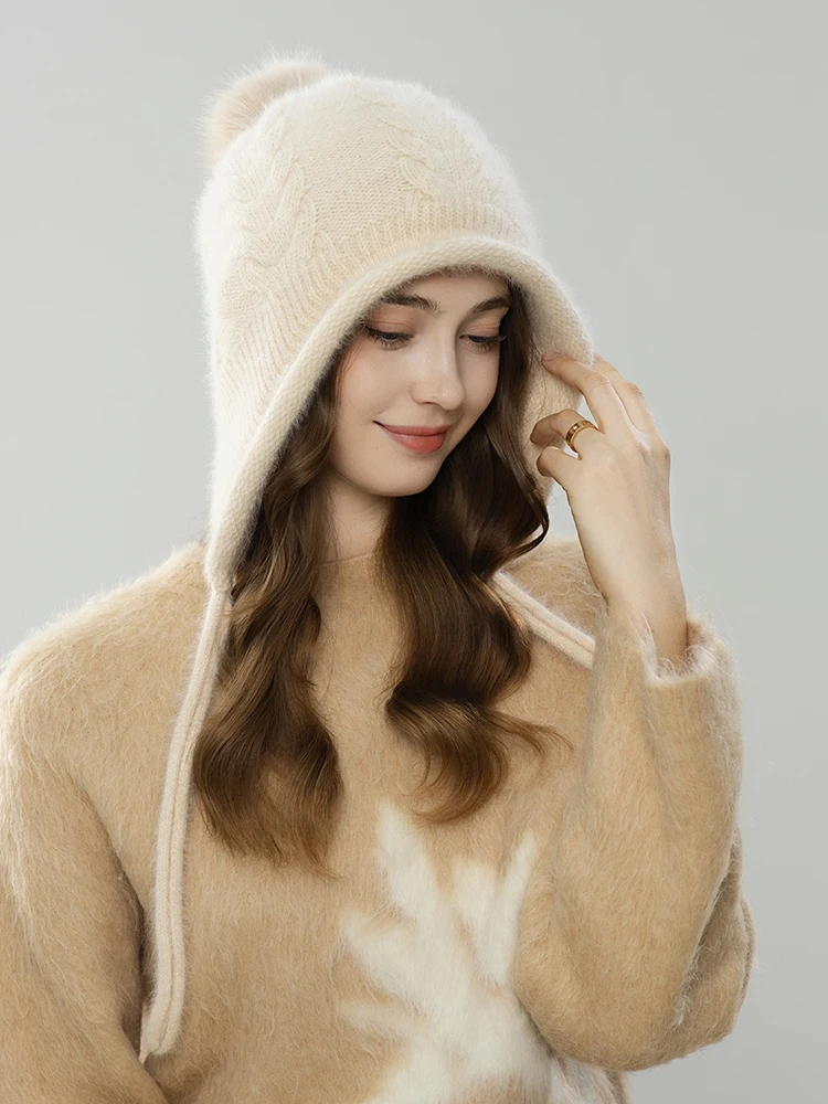秋冬新作ニットラビットファーハットフード付き暖かいソフト快適ファッショナブルデイリーストリートスタイルレディースハット