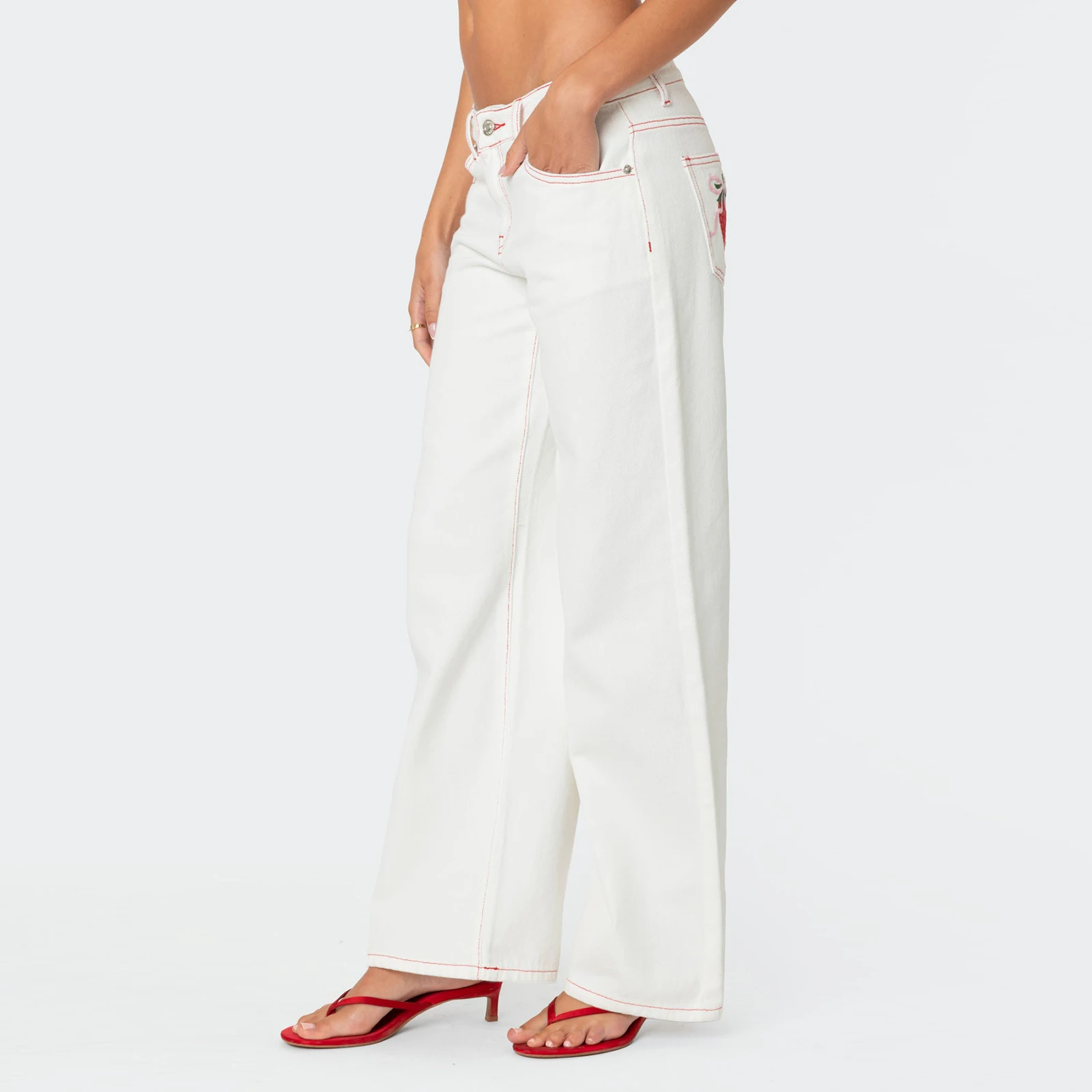 Pantalones vaqueros de mujer con lazo y bordado de fresa, pantalones vaqueros de pierna recta de tiro medio con bolsillos para verano, primavera y otoño