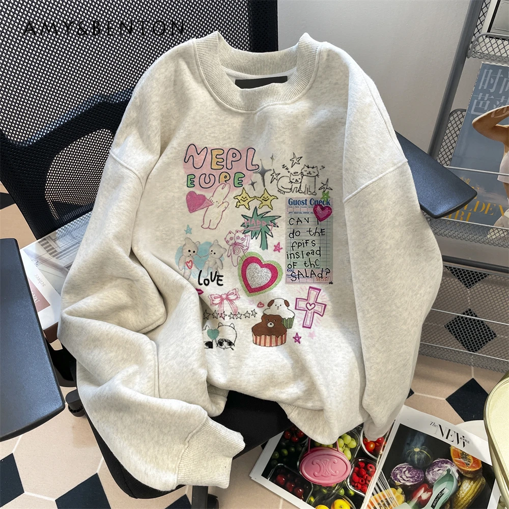 Autumn Winter New Women's Sweet Cute Cartoon Graffiti Print Gray Sweatshirt American Retro Pink Round Neck Velvet Casual Top