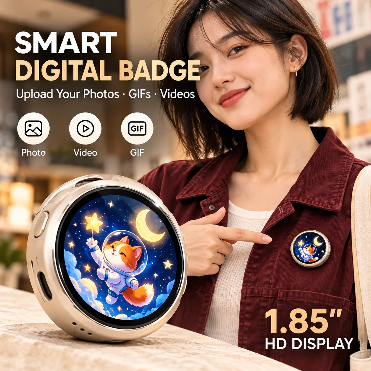 opalsight-185インチ電子デジタルピンバッジ。bluetooth接続で、写真やgifアニメーションを表示可能。コンサート、コスプレ、パーティー、プレゼントに最適。