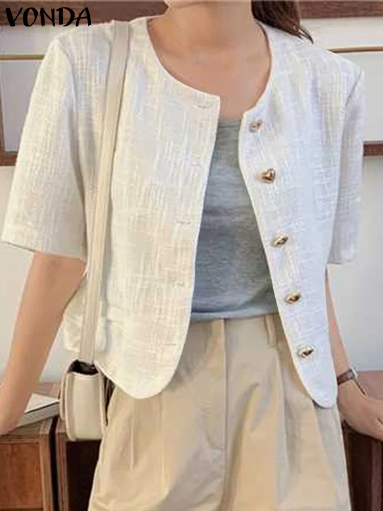 VONDA 2024 Summer Fashion Women Elegant Blazer Tops Casual Loose Solid Short Sleeve Heart-shaped Buttons Suit Streetwear Blusas