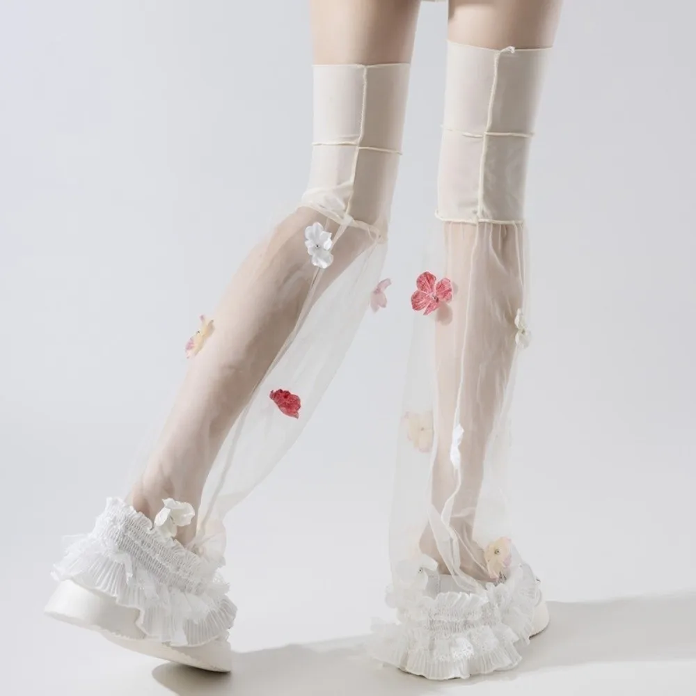 Flower Lace Mesh Splicing Leg Sleeves Y2K Harajuku Layered Ruffle Boot Cover Cuffs Kawaii Lolita JK Sheer Leg Warmers Summer