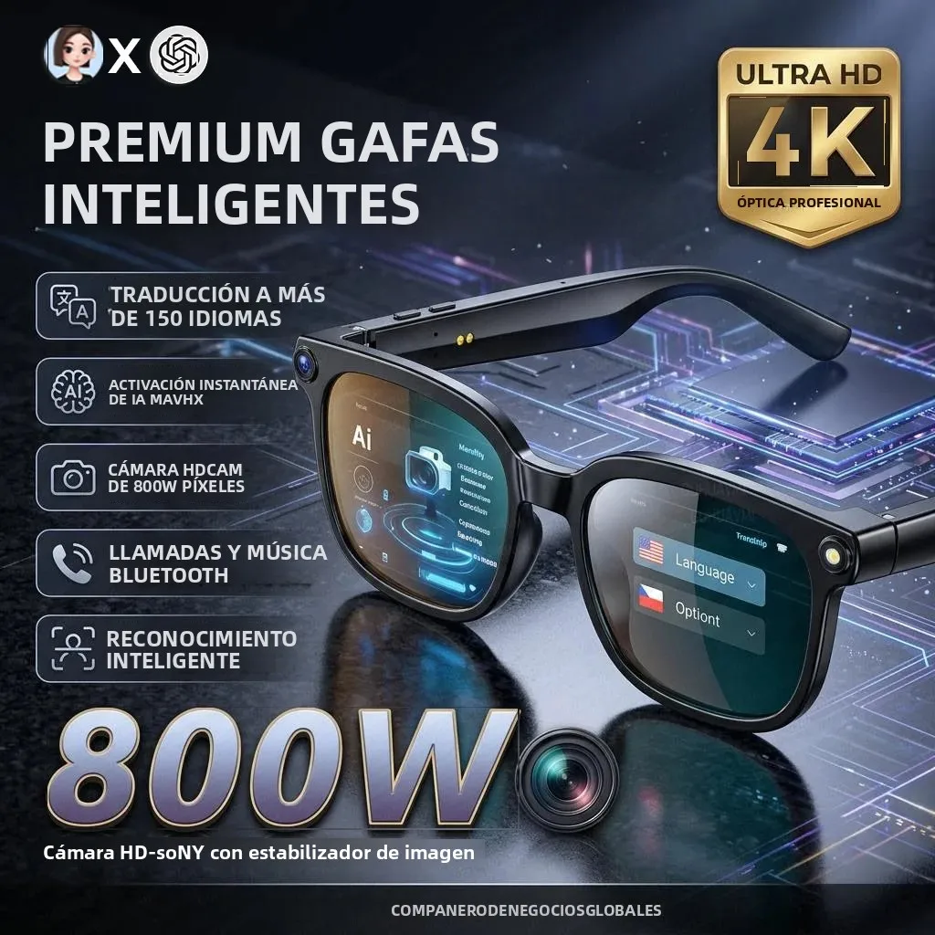 Gafas Inteligentes 4K 8MP 2026 para Hombre y Mujer, Cámara HD, Traducción a Más de 150 Idiomas, ChatGPT, Grabación de Video WIFI, Llamadas Bluetooth, Gafas con Audio