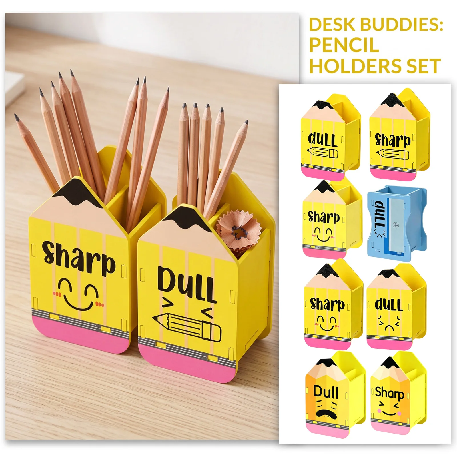2Pcs Cute INS Style Pencil-Shaped Wooden Pen Holders Large Capacity Multifunctional Storage Organizer (DIY Assembly Required)