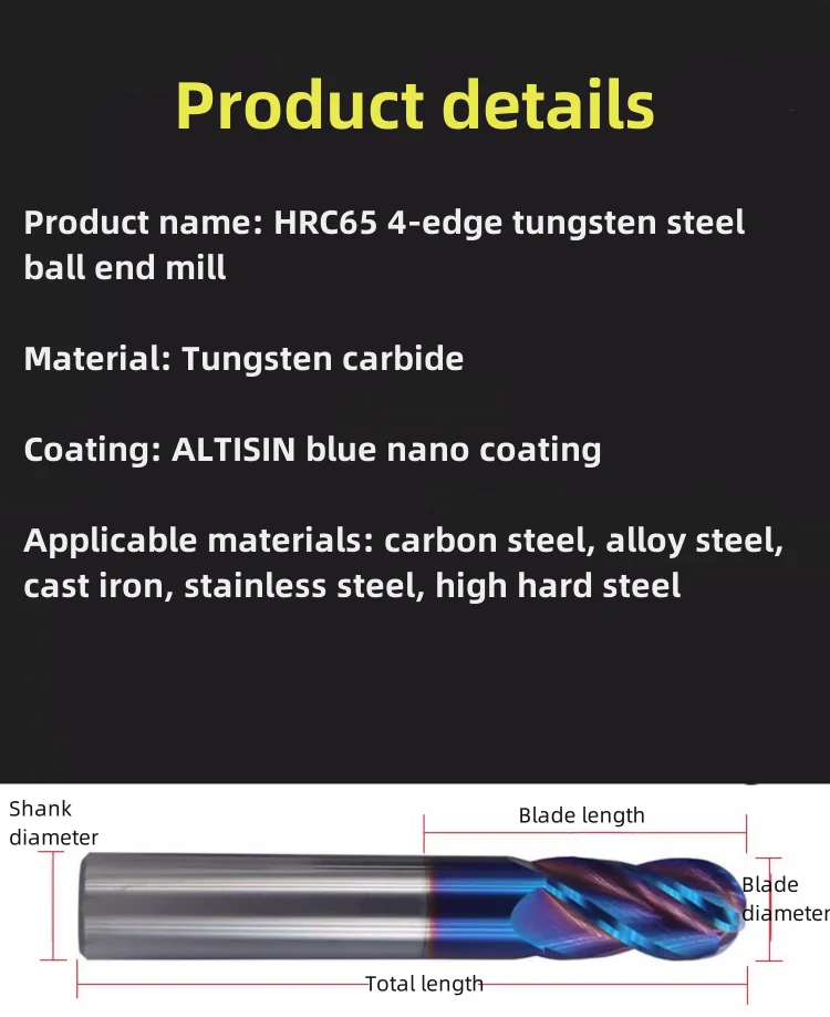 HRC65 4 Flute Ball End Mill Tungsten Carbide Altisin Nano Coating Milling Cutter CNC Router Bit R 0.5 1.25 1.5 3 4 5 6 7 8 9 10