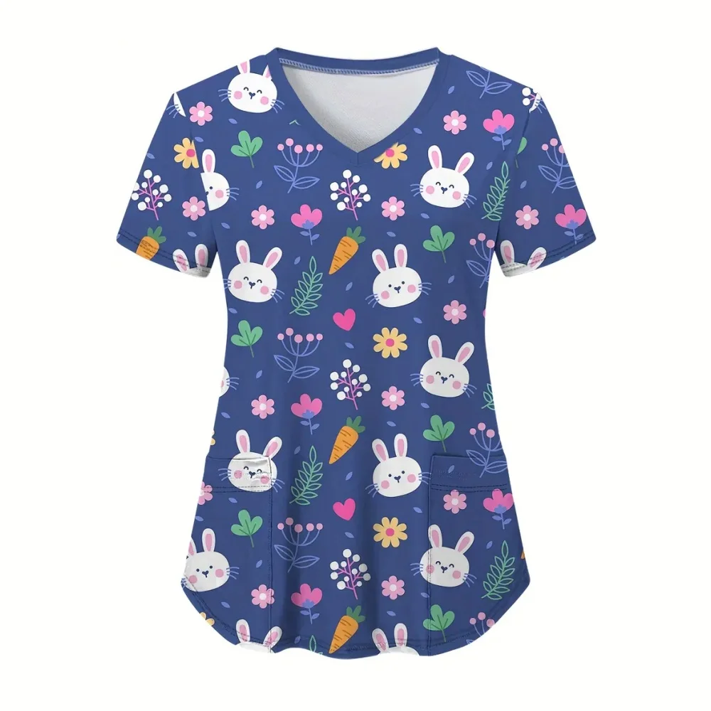 Surgical Uniforms Woman Fashion Easter Eggs Print Microelastic V-Neck Nurse Casual Short Sleeve Dental Clinical Uniforms Woman