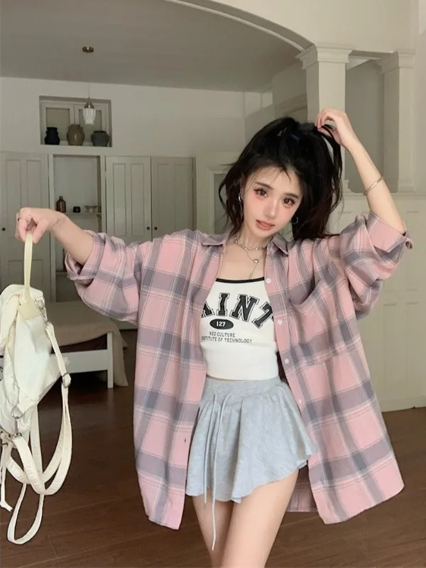 الكورية الرجعية الوردي منقوشة بولو طوق طويلة الأكمام قميص للنساء الخريف Harajuku عادية فضفاض تنوعا ملابس خارجية القمم سترة