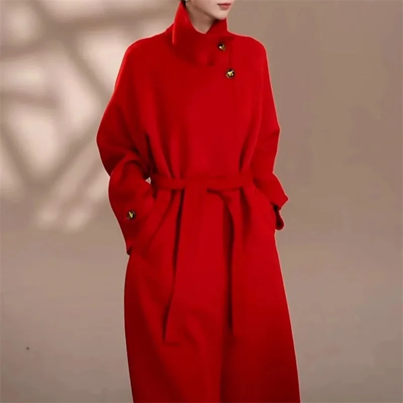 

Женское длинное пальто из смесовой шерсти, зимняя теплая верхняя одежда, 2025 г., свободное пальто со стойкой и двусторонним поясом