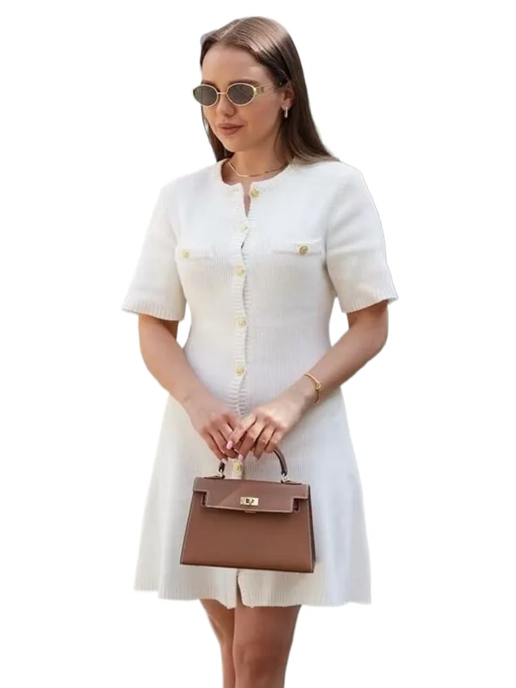 

Solid Color Elegant Knitted Mini Dress For Women Metal Button Sexy Slim Rib Sweater Dress Holiday Party Outfits Spring 2024 New
