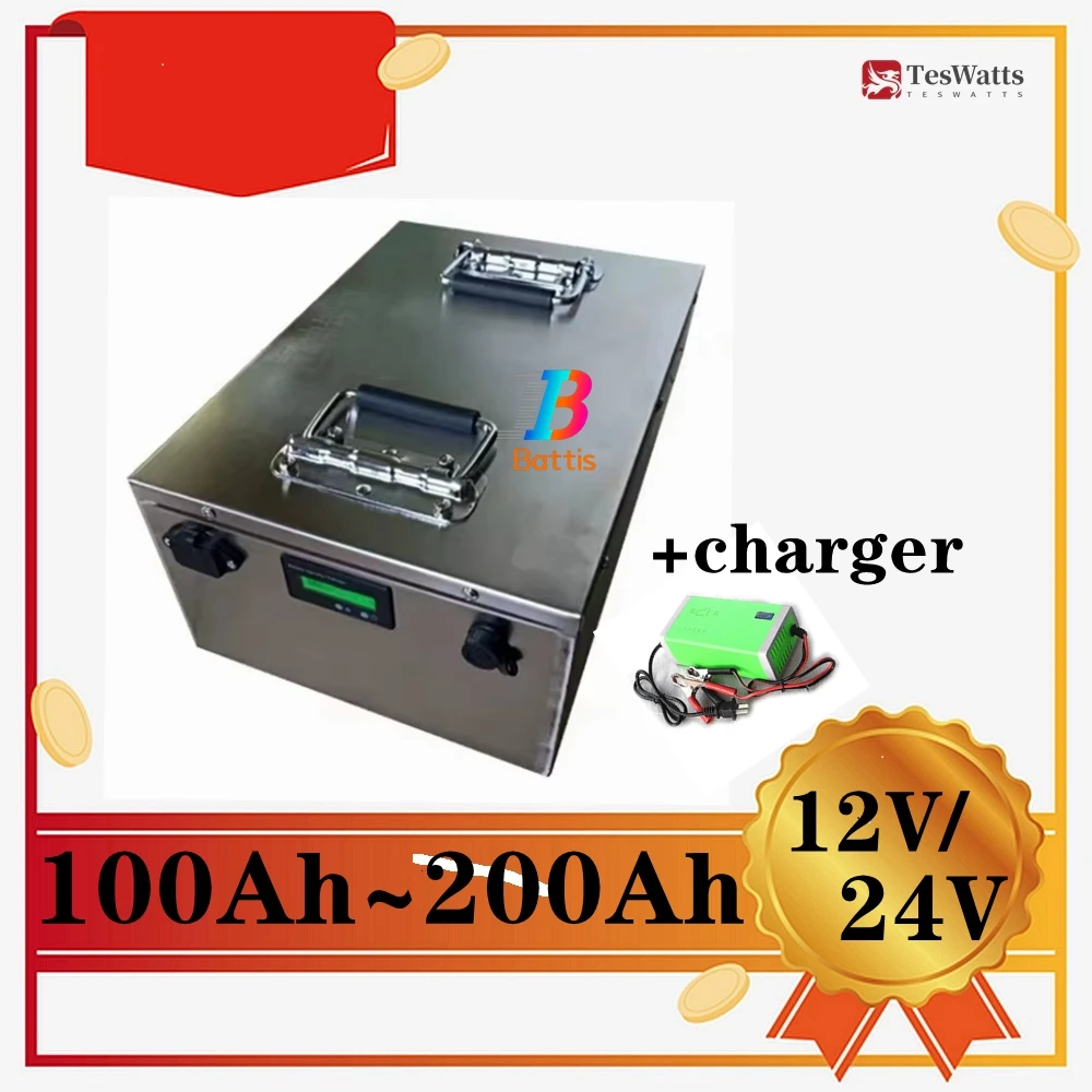 

Teswatts 12V 200Ah 180Ah 150Ah 24V 120Ah 100Ah LifePO4 Lithium battery rechargeable+charger