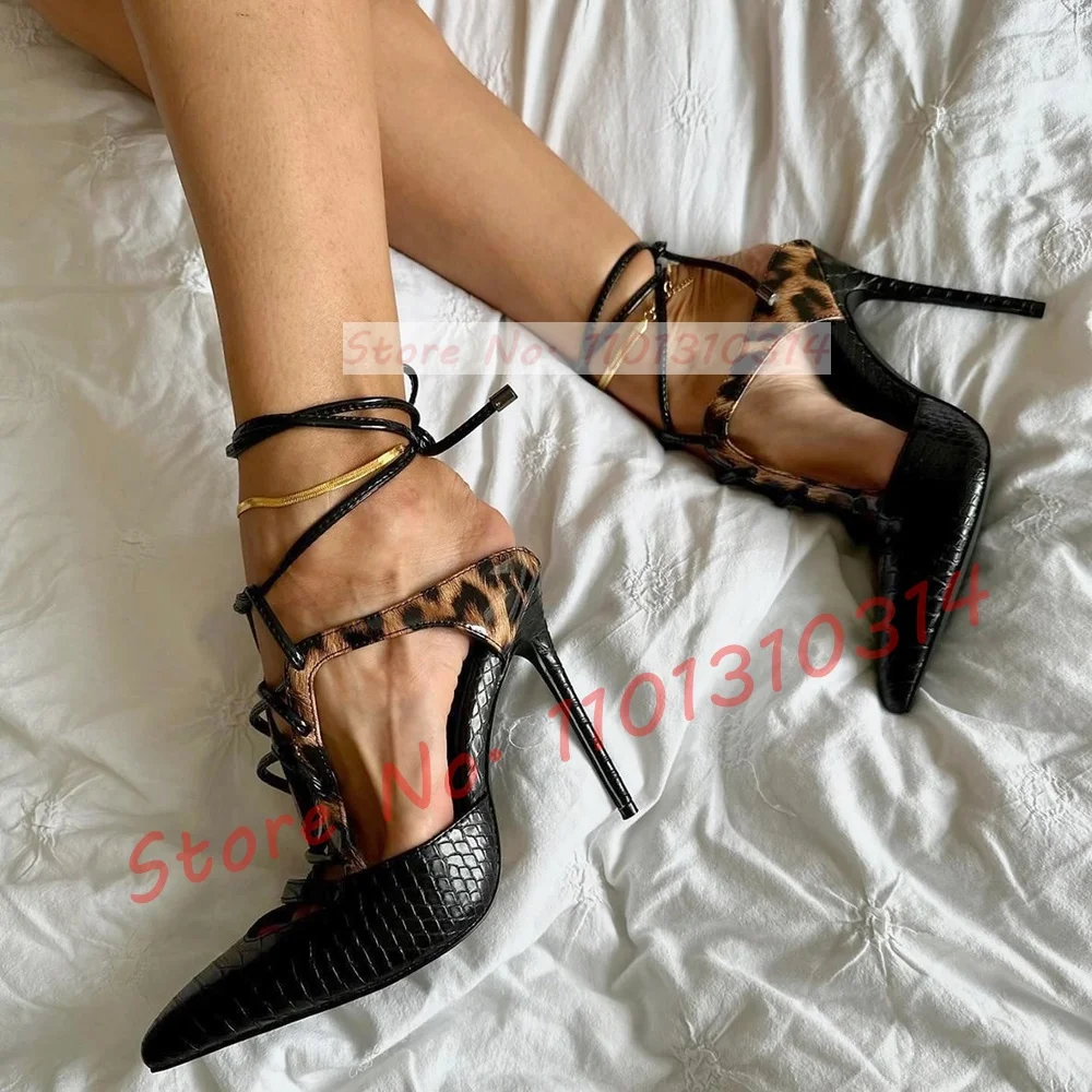 Sexy Crocodile Cross Tie Sandals Women Summer Pointed Toe Leopard Bare Heel Sandals Ladies Trending Stiletto Heel Evening Shoes