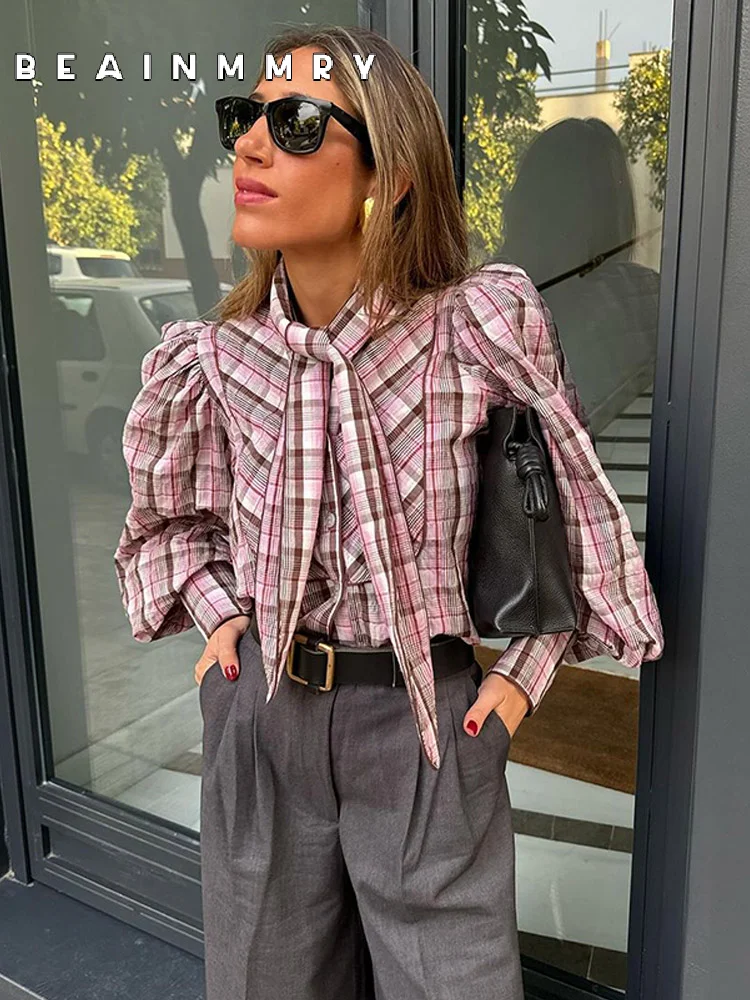 Plaid Women Casual Lace Up Blouse Fashion O Neck Long Sleeve Single-breasted Casual Shirt 2025 Spring New Female Commuting Tops