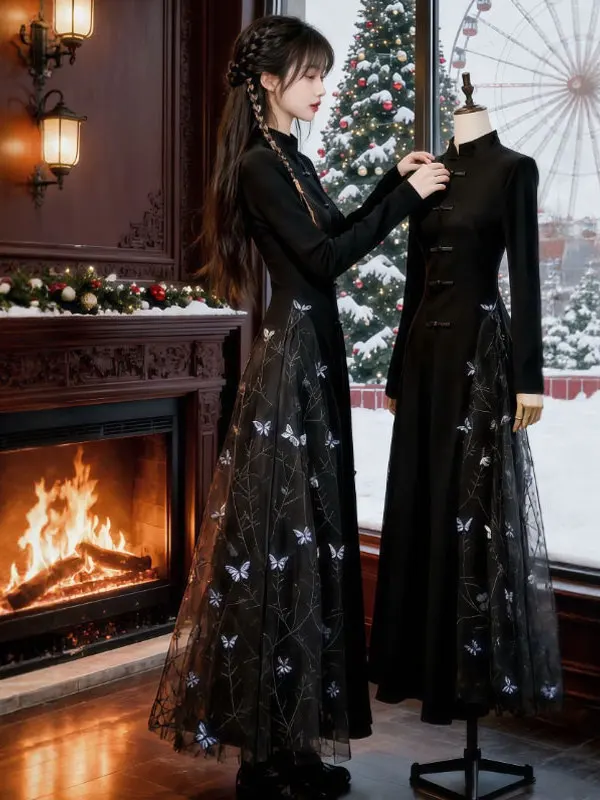 

Новое китайское платье в национальном стиле: улучшенный фасон Хепберн, уникальное, очень красивое, с эффектом утяжки талии, облегающее, зимняя мода