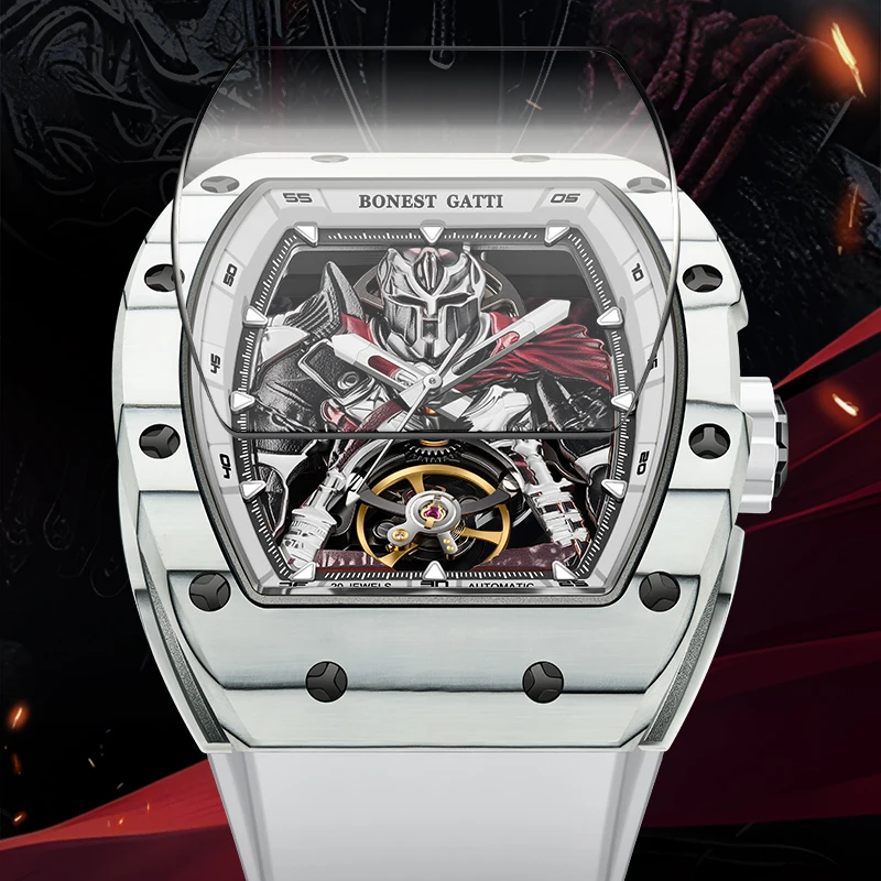 BONEST GATTI Automatyczny Zegarek Mechaniczny z Włókna Węglowego dla Mężczyzn Wodoodporny Szkielet Męskie Zegarki Top Marka Luksusowe Zegarki na Rękę 2025