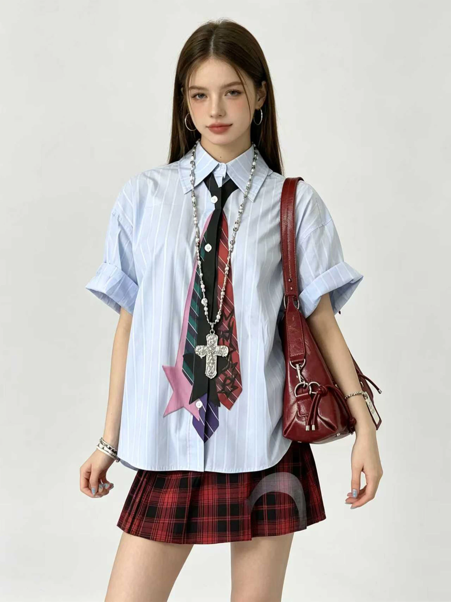 

Women's Light Blue Tie Print Striped Shirt Y2k Vintage Harajuku Funny Shirt Casual Loose Short Sleeve Oversize Blouse Top Summer