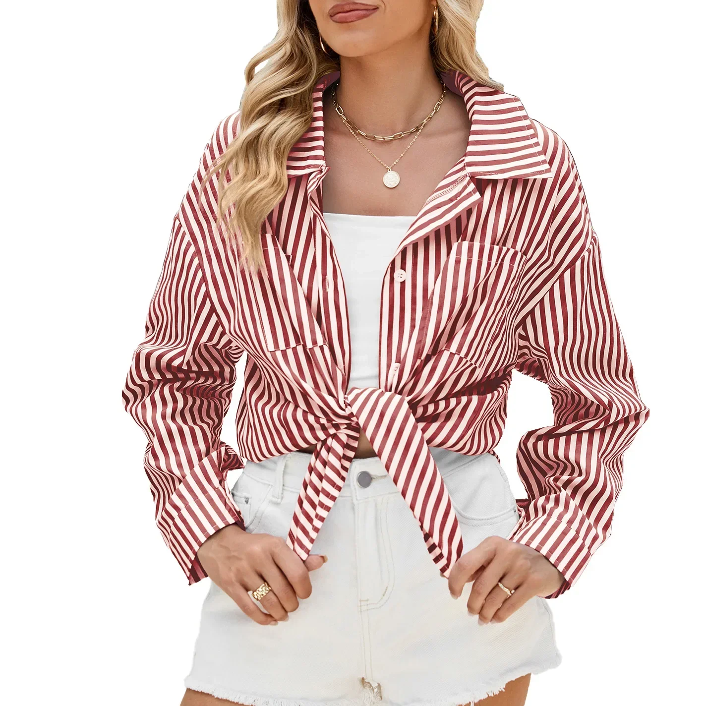 Top da donna a righe cardigan a maniche lunghe