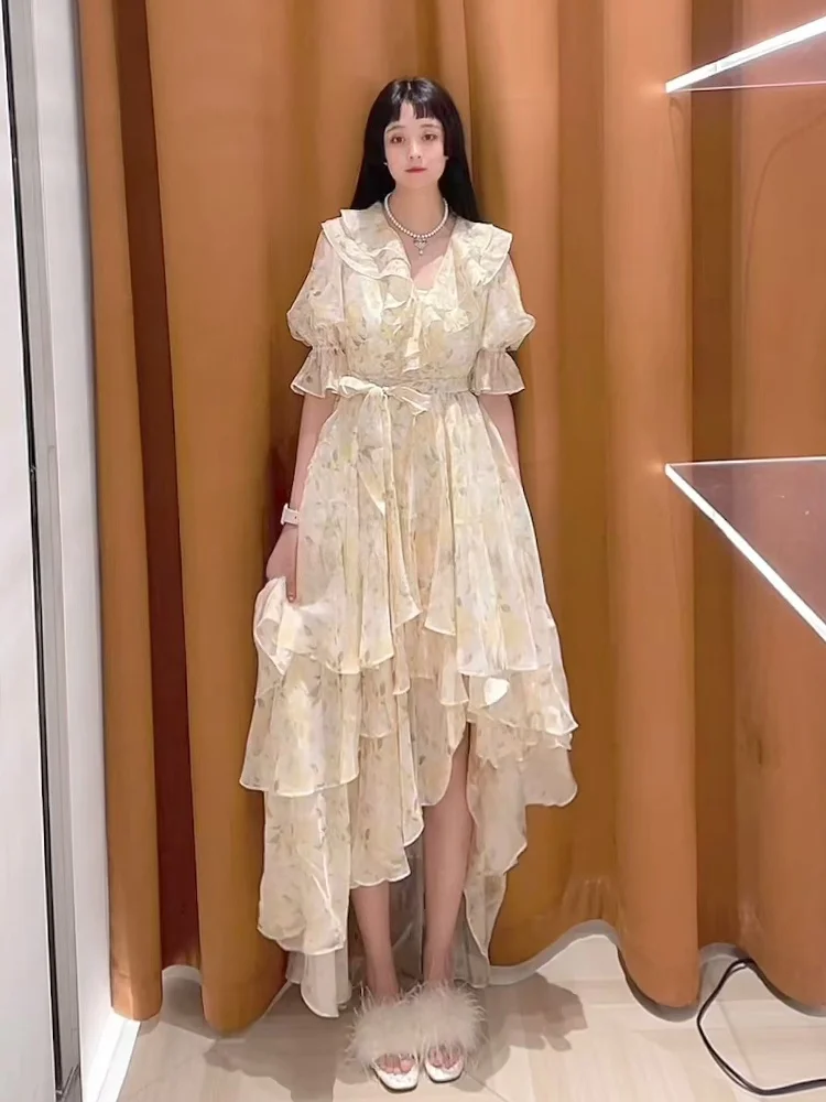 Ele Summer Tea Break V-Ne Puffy Sve Dr Women's New Print Waist-Cinching Long Dr High Waist A-Line Skirt