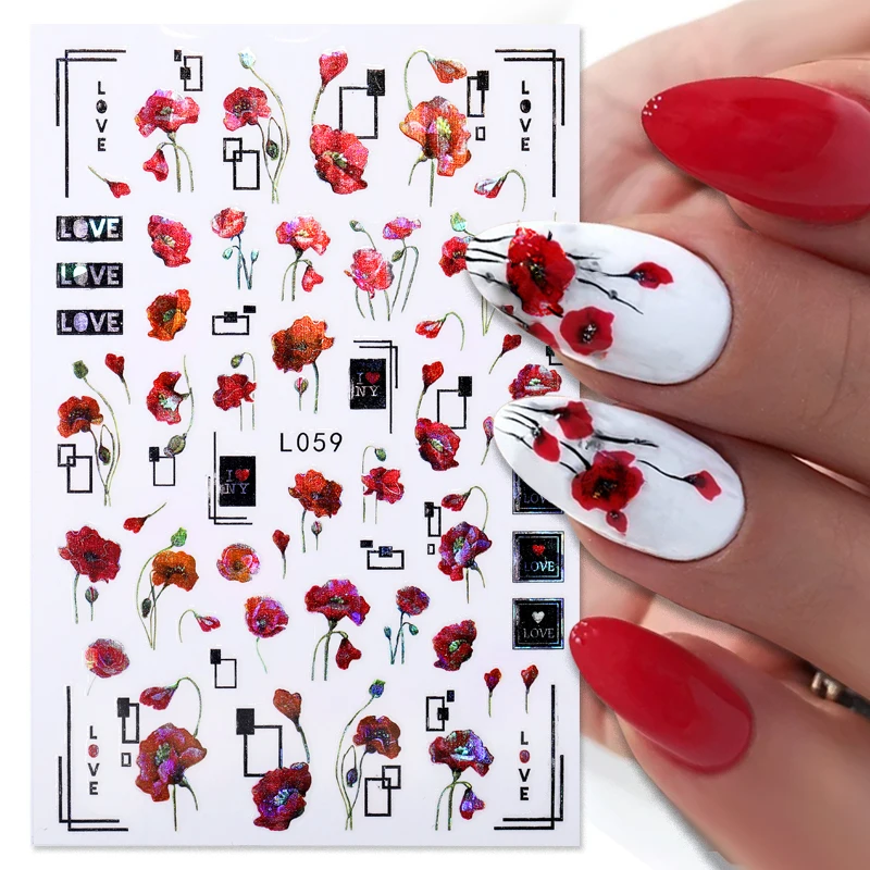 Red Flowers 3D Nail Sticker  Love Letters Colorful Butterfly Leaf Flowers Line Pattern Nail Decals DIY Manicure